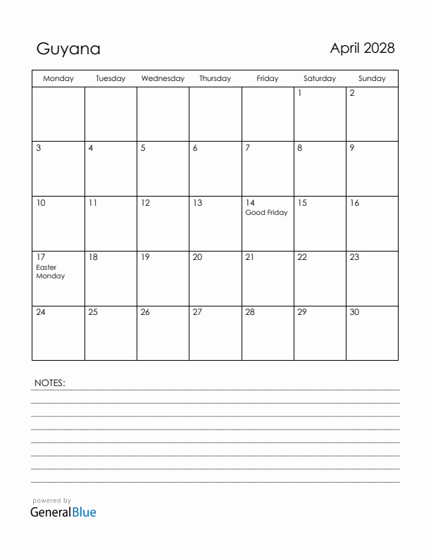 April 2028 Guyana Calendar with Holidays (Monday Start)