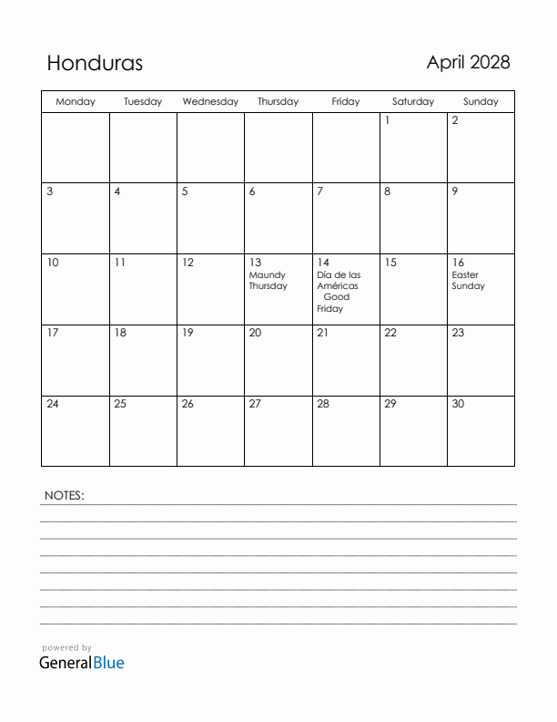 April 2028 Honduras Calendar with Holidays (Monday Start)