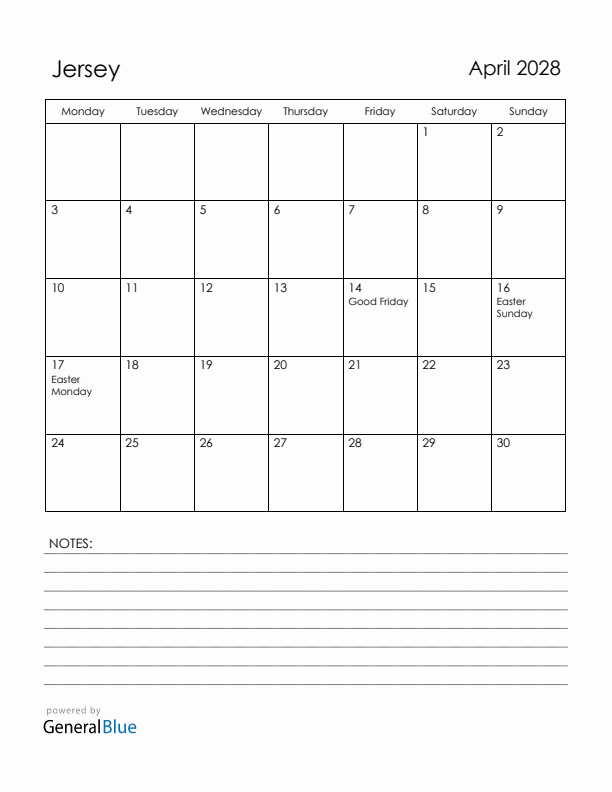 April 2028 Jersey Calendar with Holidays (Monday Start)