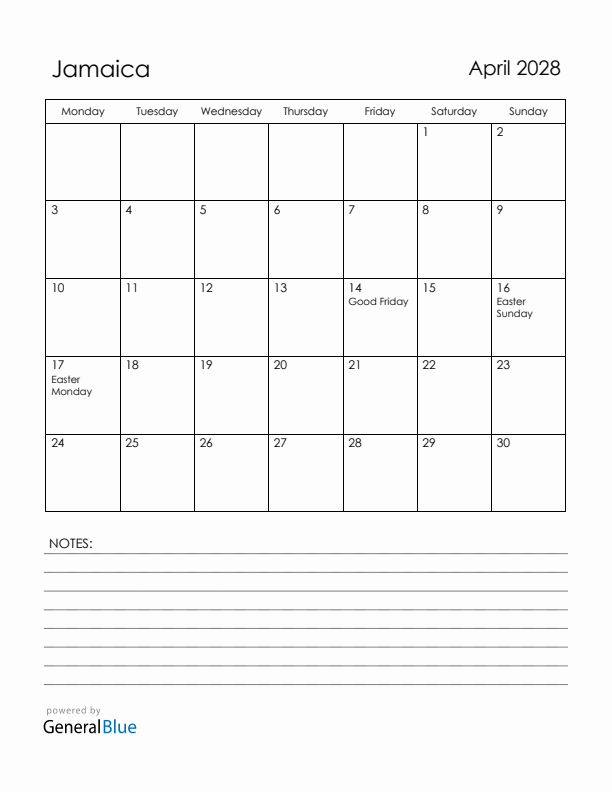 April 2028 Jamaica Calendar with Holidays (Monday Start)