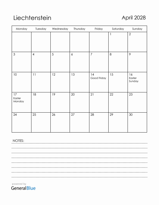 April 2028 Liechtenstein Calendar with Holidays (Monday Start)