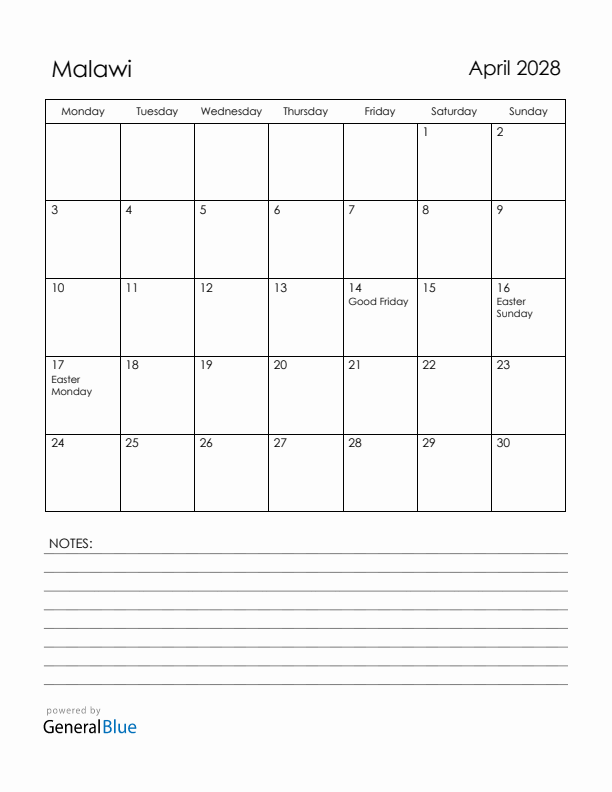 April 2028 Malawi Calendar with Holidays (Monday Start)