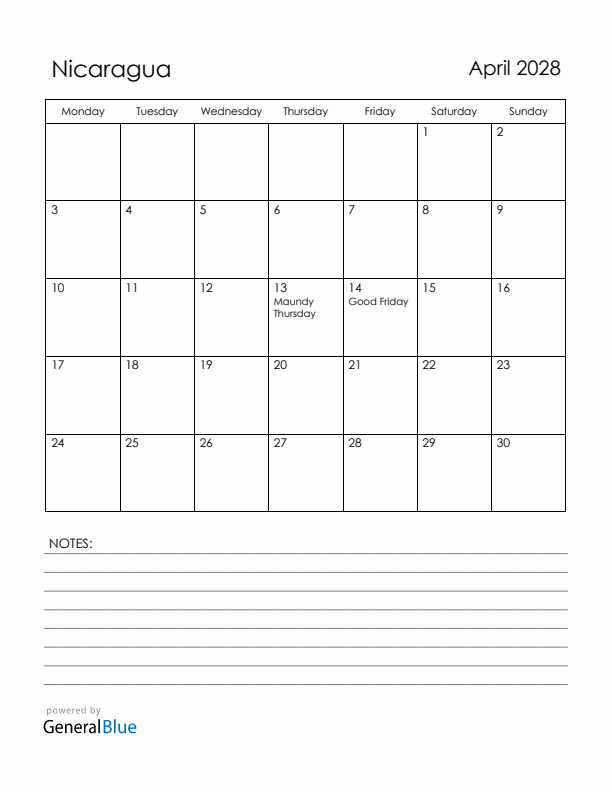 April 2028 Nicaragua Calendar with Holidays (Monday Start)