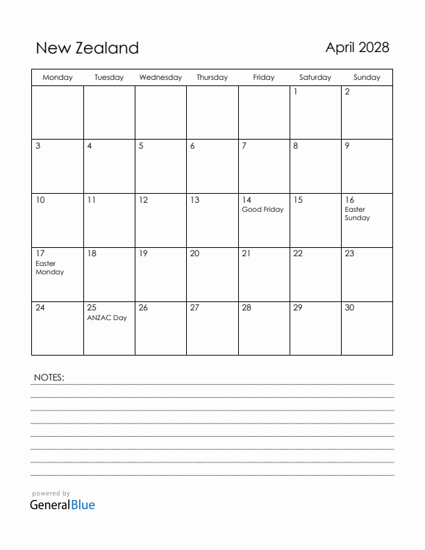 April 2028 New Zealand Calendar with Holidays (Monday Start)