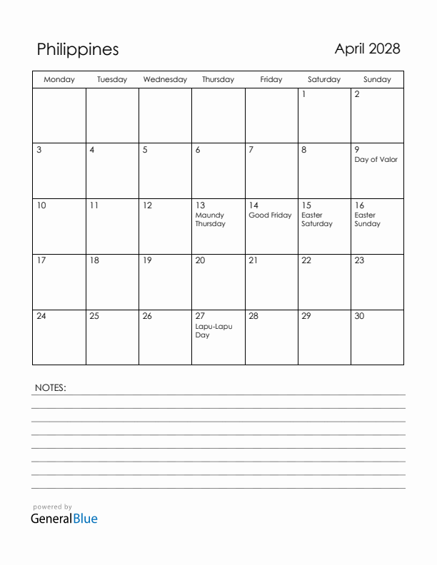 April 2028 Philippines Calendar with Holidays (Monday Start)