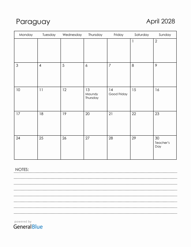 April 2028 Paraguay Calendar with Holidays (Monday Start)