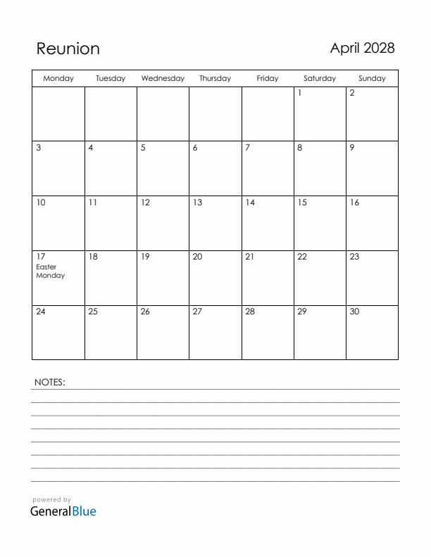 April 2028 Reunion Calendar with Holidays (Monday Start)
