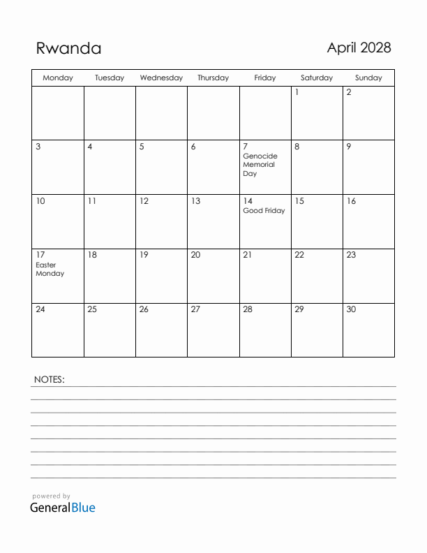 April 2028 Rwanda Calendar with Holidays (Monday Start)