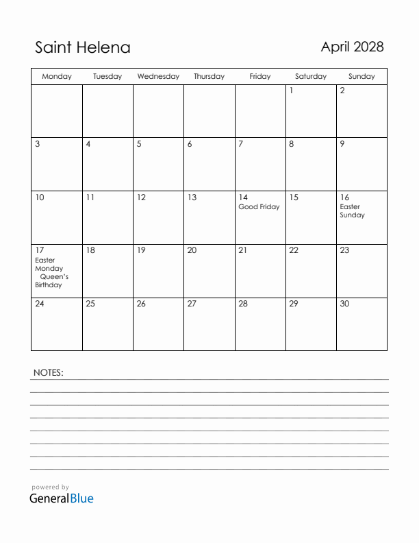 April 2028 Saint Helena Calendar with Holidays (Monday Start)