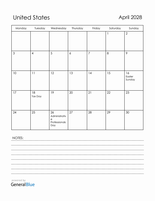 April 2028 United States Calendar with Holidays (Monday Start)