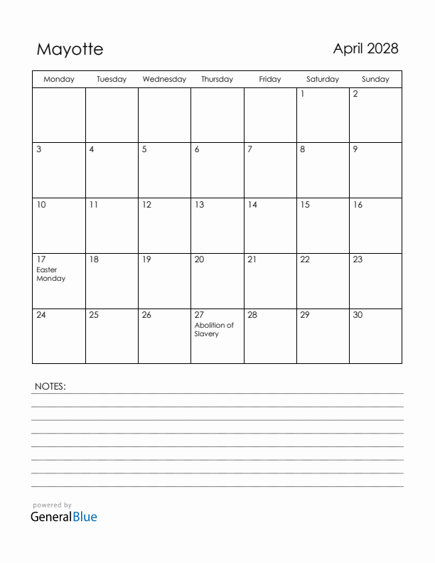 April 2028 Mayotte Calendar with Holidays (Monday Start)