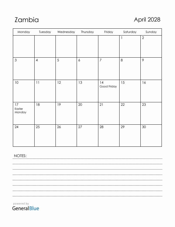 April 2028 Zambia Calendar with Holidays (Monday Start)