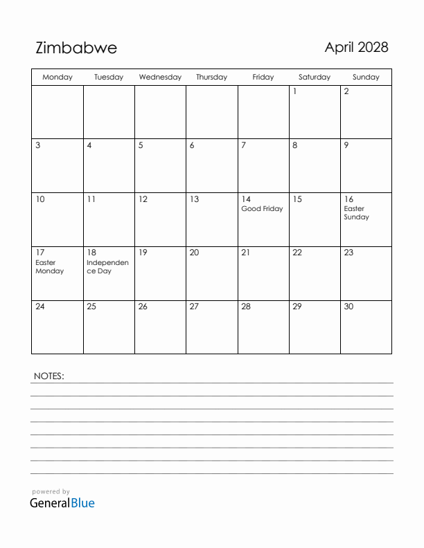 April 2028 Zimbabwe Calendar with Holidays (Monday Start)