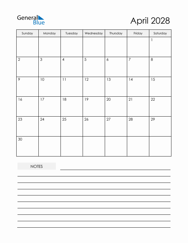 Printable Calendar with Notes - April 2028 