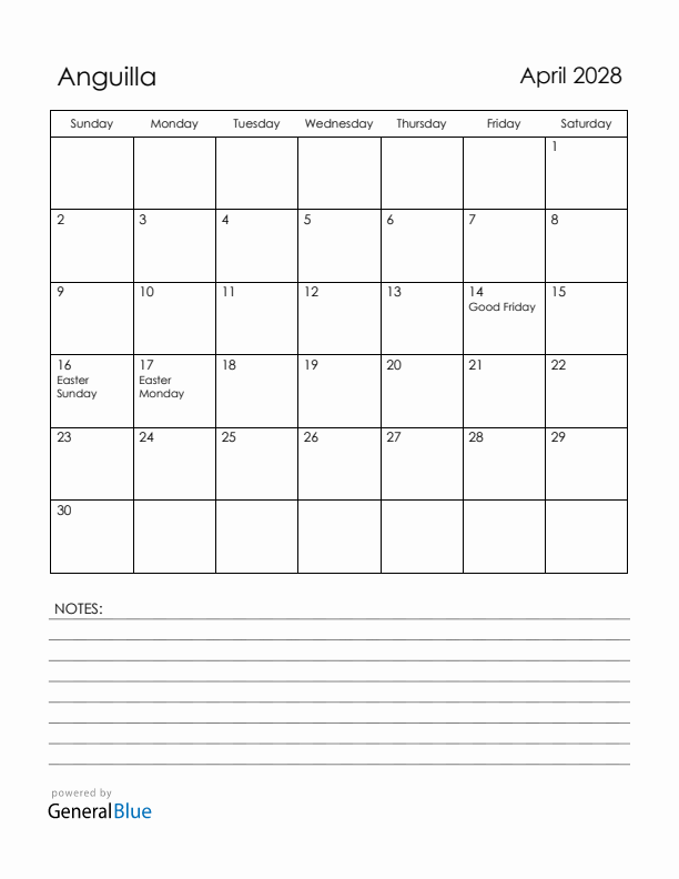 April 2028 Anguilla Calendar with Holidays (Sunday Start)