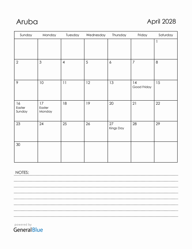 April 2028 Aruba Calendar with Holidays (Sunday Start)