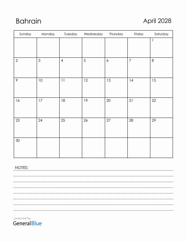 April 2028 Bahrain Calendar with Holidays (Sunday Start)