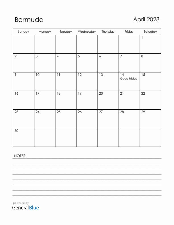 April 2028 Bermuda Calendar with Holidays (Sunday Start)
