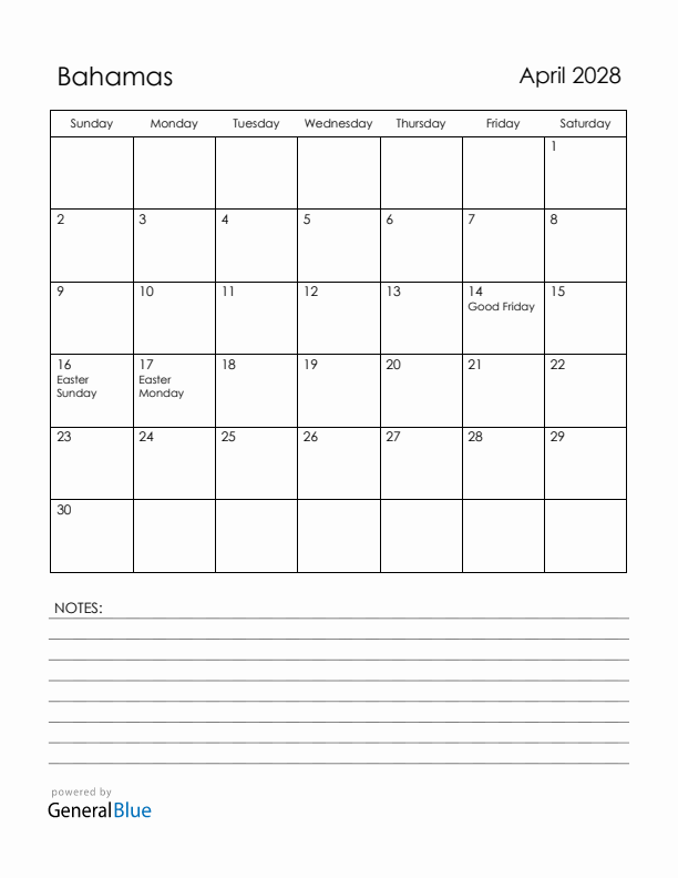 April 2028 Bahamas Calendar with Holidays (Sunday Start)