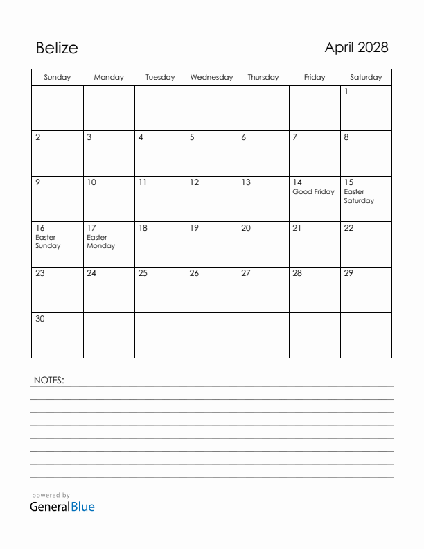 April 2028 Belize Calendar with Holidays (Sunday Start)