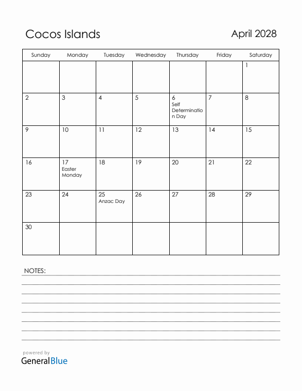 April 2028 Cocos Islands Calendar with Holidays (Sunday Start)