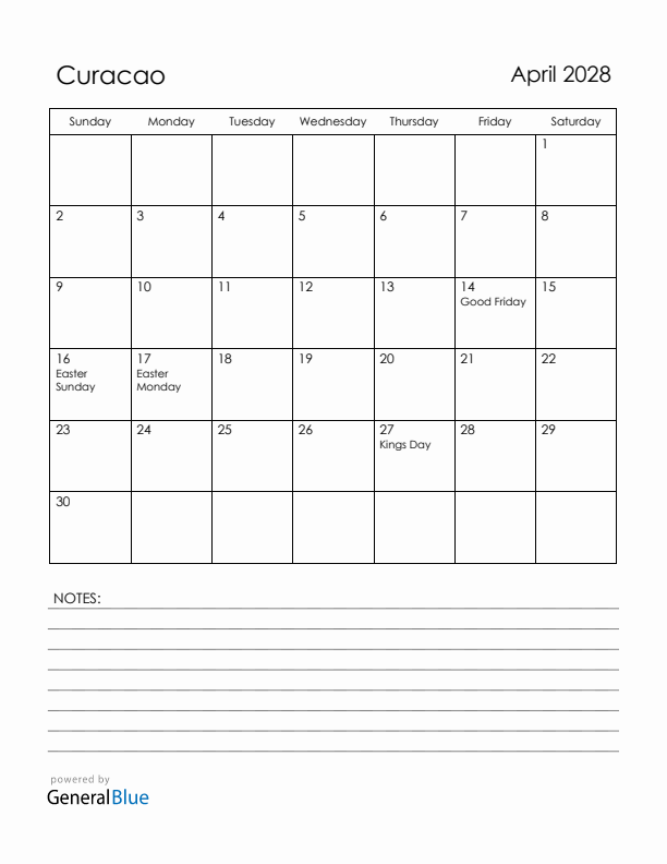 April 2028 Curacao Calendar with Holidays (Sunday Start)