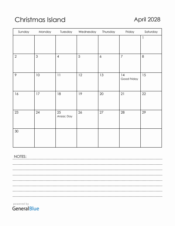 April 2028 Christmas Island Calendar with Holidays (Sunday Start)
