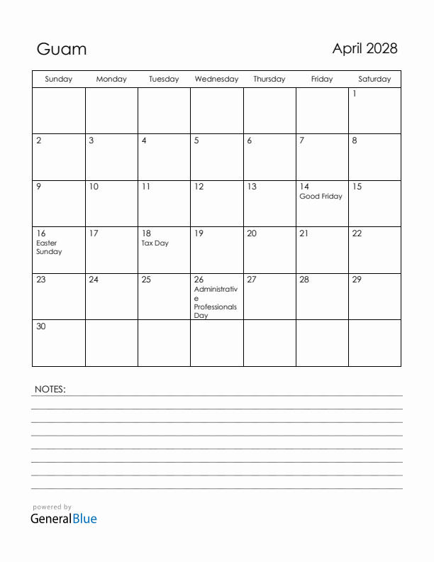 April 2028 Guam Calendar with Holidays (Sunday Start)
