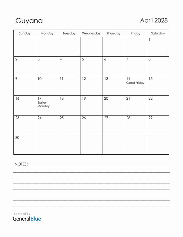 April 2028 Guyana Calendar with Holidays (Sunday Start)