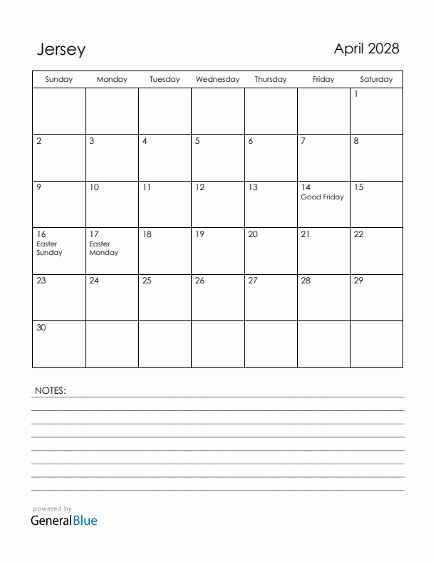 April 2028 Jersey Calendar with Holidays (Sunday Start)