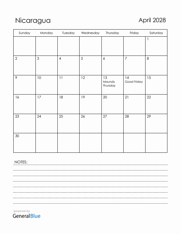 April 2028 Nicaragua Calendar with Holidays (Sunday Start)
