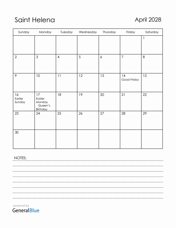 April 2028 Saint Helena Calendar with Holidays (Sunday Start)