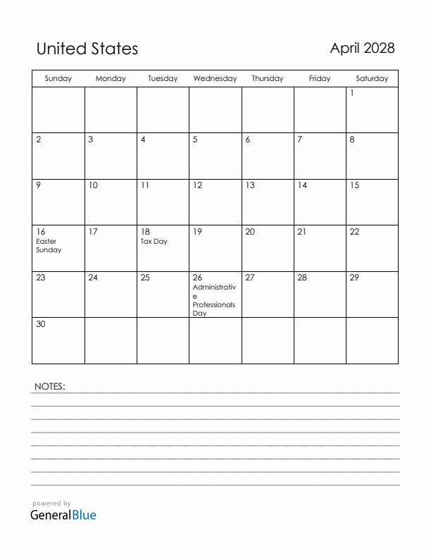 April 2028 United States Calendar with Holidays (Sunday Start)