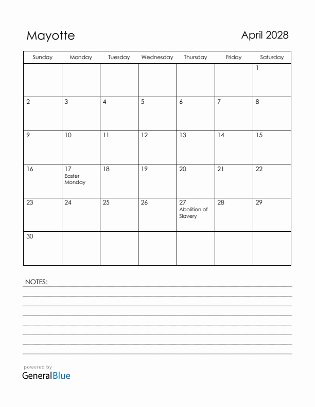 April 2028 Mayotte Calendar with Holidays (Sunday Start)