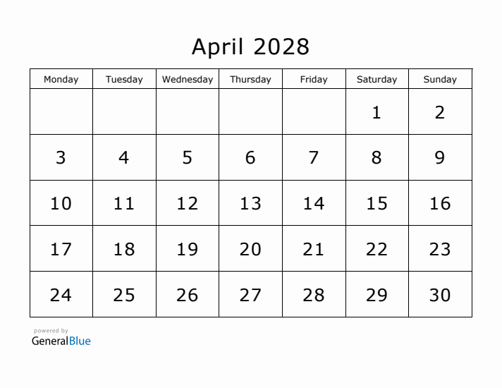 Printable April 2028 Calendar - Monday Start