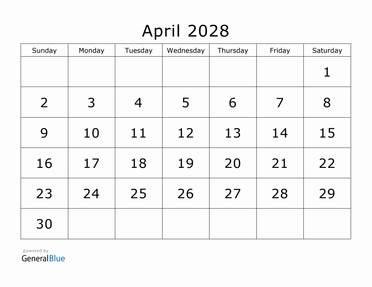 Printable April 2028 Calendar