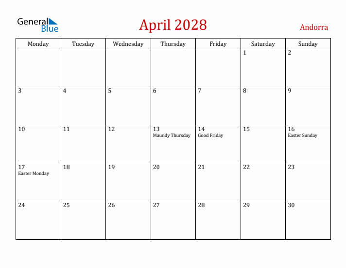 Andorra April 2028 Calendar - Monday Start