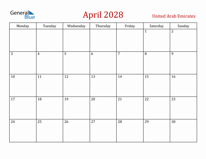 United Arab Emirates April 2028 Calendar - Monday Start