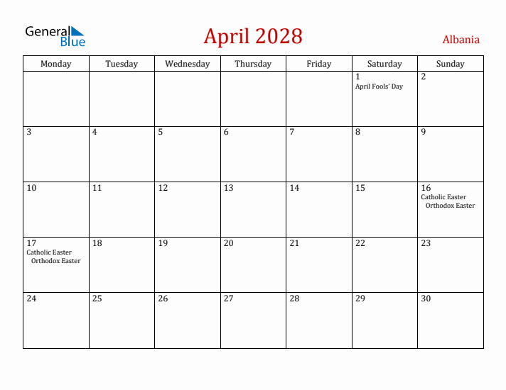 Albania April 2028 Calendar - Monday Start