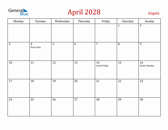 Angola April 2028 Calendar - Monday Start