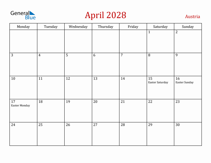 Austria April 2028 Calendar - Monday Start