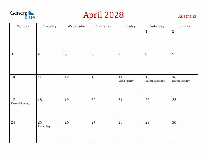 Australia April 2028 Calendar - Monday Start