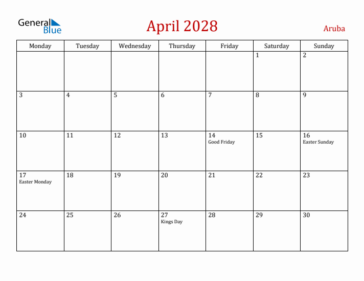 Aruba April 2028 Calendar - Monday Start