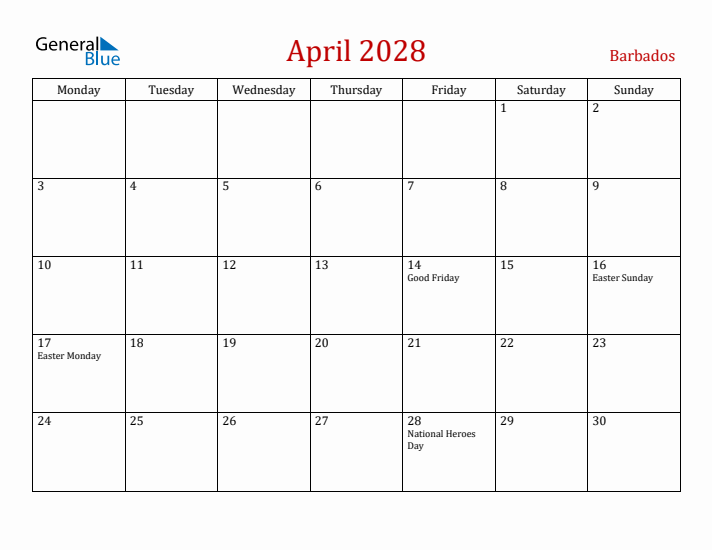 Barbados April 2028 Calendar - Monday Start