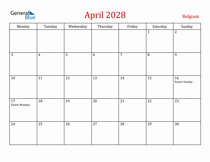 Belgium April 2028 Calendar - Monday Start