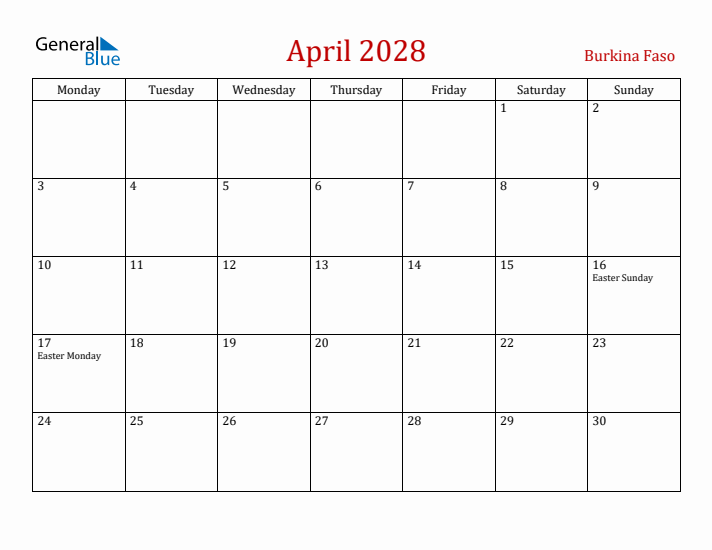 Burkina Faso April 2028 Calendar - Monday Start