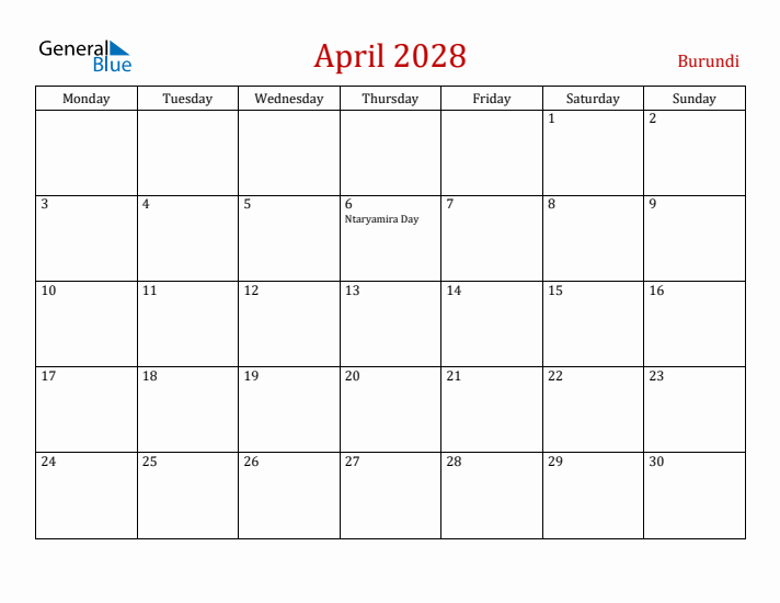 Burundi April 2028 Calendar - Monday Start