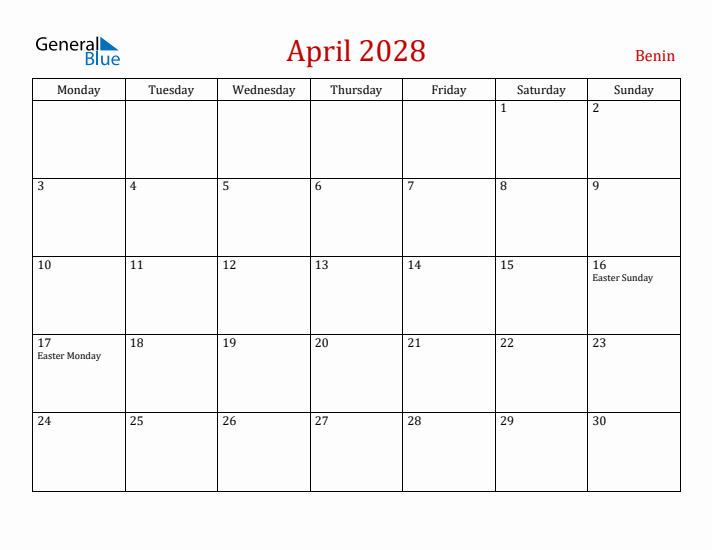 Benin April 2028 Calendar - Monday Start