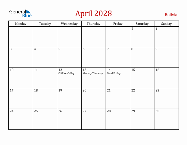 Bolivia April 2028 Calendar - Monday Start