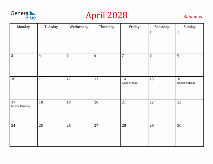 Bahamas April 2028 Calendar - Monday Start